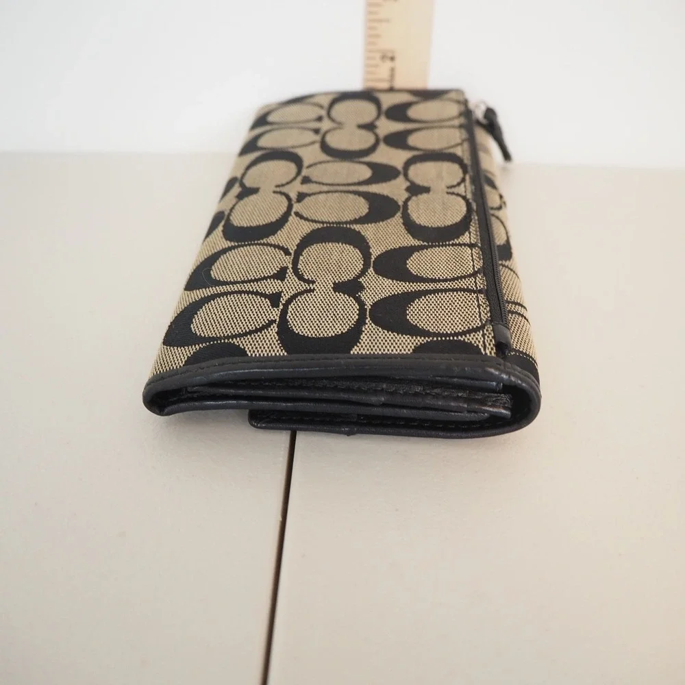 Coach Tri-Fold Wallet Women's‎ Black Signature Canvas Leather Trim Snap Closure